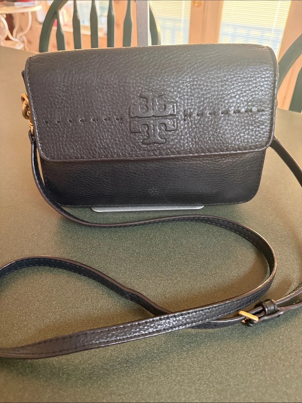 Tory Burch Black Pebbled Leather Logo Crossbody